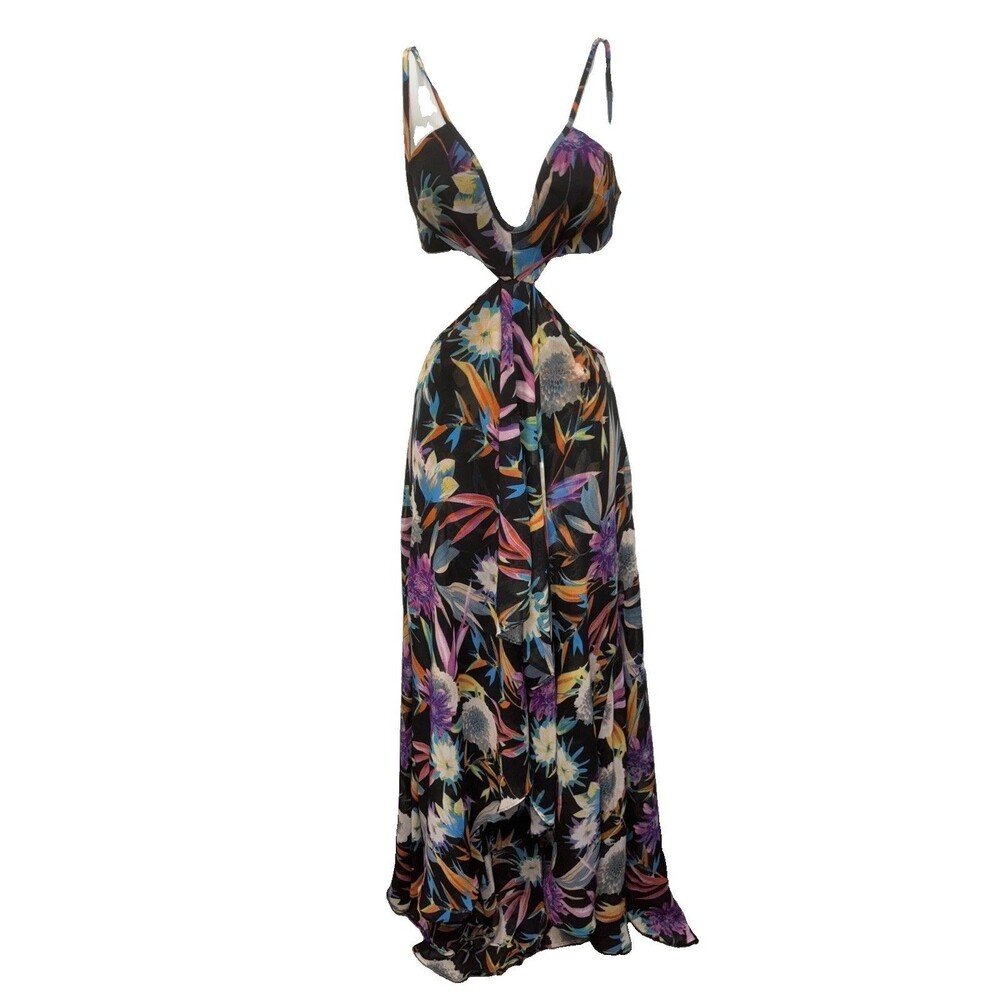 Luxxel Tropical Floral Cutout Maxi Dress Spaghetti Straps Tie Front S High Low